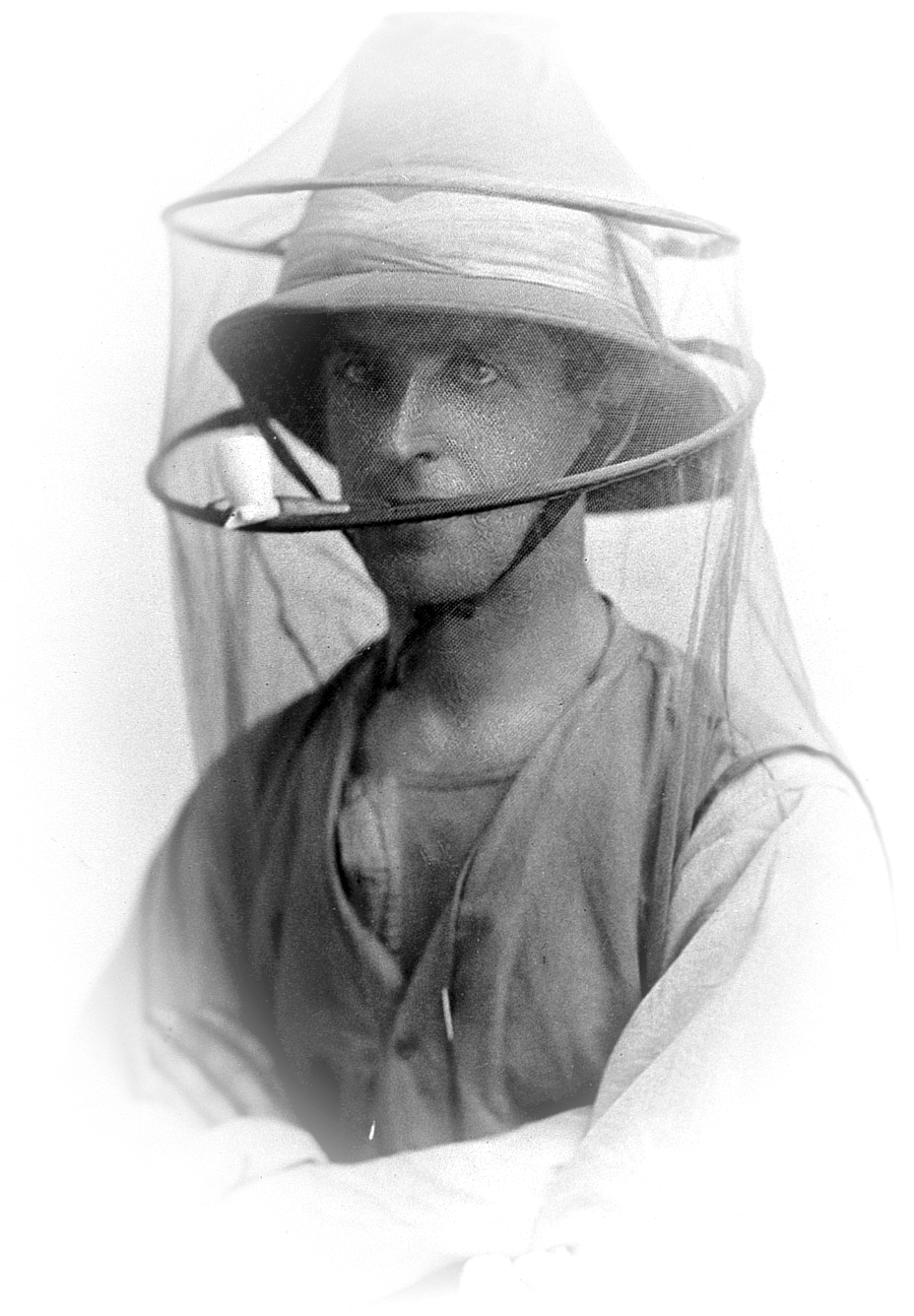 Mosquito netting worn as a veil by a man in the 19th century.
